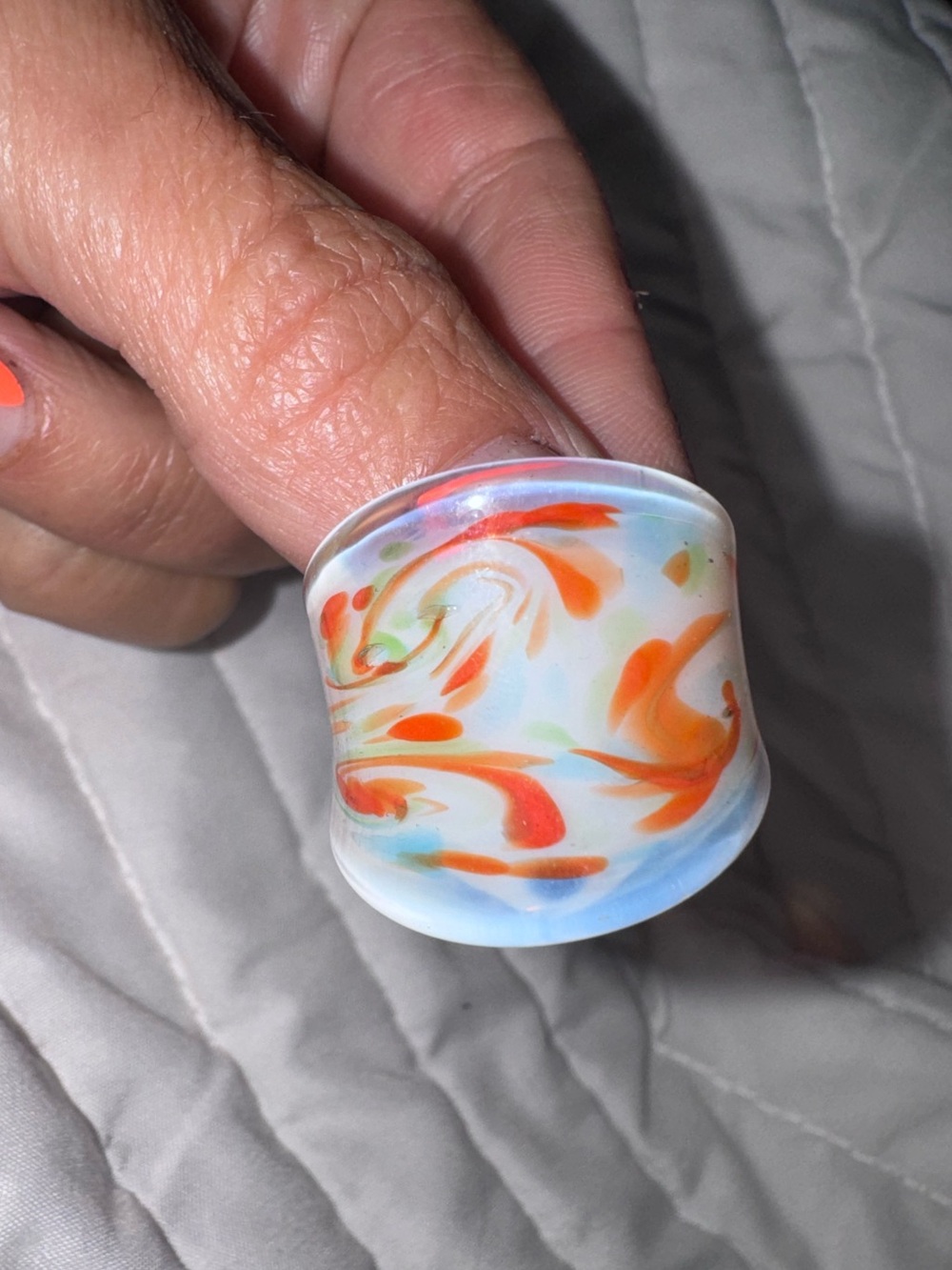 Glass Handmade Swirled  Statement Ring in White and Orange